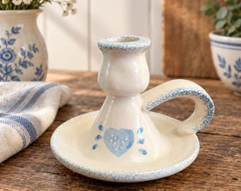 Vintage Blue & White Ceramic Chamberstick Candle Holder | Cottagecore Farmhouse Decor | Heart Folk Art Candlestick