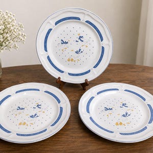 Puede incluir: Tres platos de cerámica blanca con borde azul y diseño de patos. Los platos tienen un borde festoneado y están decorados con detalles azules y amarillos. Los platos están colocados sobre una mesa de madera, con un jarrón de flores blancas al fondo.