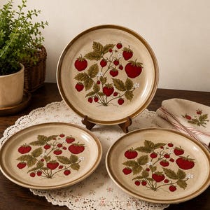 May include: A set of three ceramic plates with a strawberry design. The plates have a beige background with a brown rim and feature red strawberries, green leaves, and white flowers. A matching napkin is also visible.