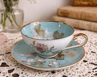Vintage Bavaria Teacup and Saucer | Floral Gold Trim Tea Cup Set | German Porcelain Tea Set | Cottagecore Tea Party | Elegant Vintage China