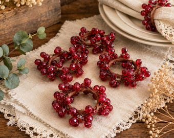 Vintage Red Beaded Berry Napkin Rings Set of 4 – Rustic Holiday Table Decor – Christmas Napkin Ring Holders – Farmhouse Dining Decor