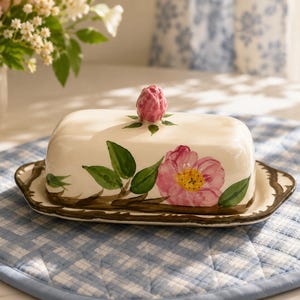 May include: A ceramic butter dish with a floral design. The lid is topped with a pink rose bud, and the dish features a large pink flower with green leaves. The dish sits on a matching tray with a brown rim.
