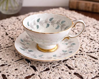 Vintage Crown Staffordshire Fine Bone China Teacup & Saucer | Green Berry Pattern | Gold Trim | Made in England | Elegant Tea Set