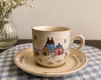 Vintage Heartland Cup & Saucer Set  – Rustic Country Cottage Stoneware – Farmhouse Coffee Mug – Folk Art Village Pattern