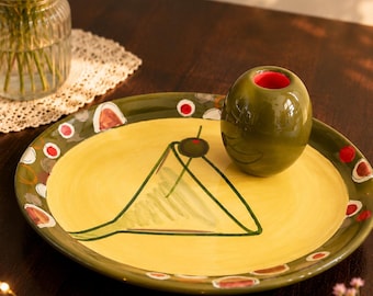 Vintage Clay Art Martini Lounge Olive Appetizer Plate  Hand Painted