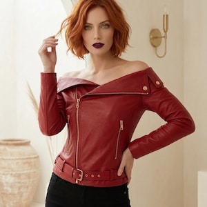 Women’s Black Lambskin Leather Off Shoulder Jacket – Slim Fit Biker Moto Jacket, Stylish Women’s Outerwear