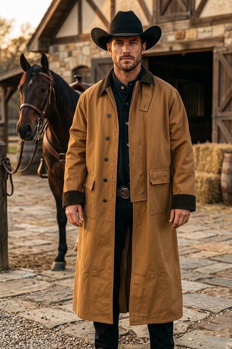 Men’s Western Cowboy Duster Coat – Brown Canvas Trench Riding Jacket ...