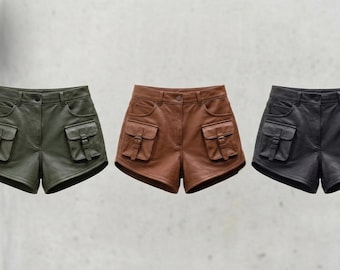 Pantalones cortos cargo de cuero hechos a mano para mujer - Pantalones cortos de talle alto de cuero genuino de oveja con bolsillos con hebilla - Cuero suave para festivales y estilo urbano