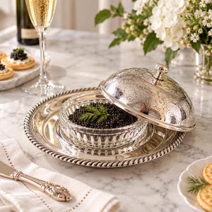 May include: A silver caviar server set featuring a round, clear glass bowl filled with black caviar and topped with a sprig of dill. The bowl sits on a polished silver tray with a rope-style edge and includes a matching ornate silver dome lid.