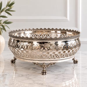 May include: A silver-toned metal bowl featuring an intricate openwork filigree pattern along the sides, a decorative beaded rim, and a scalloped top edge. The bowl is supported by three ornate, curved feet with detailed scrollwork and ball accents.