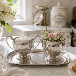 Peut inclure: Un sucrier et un pot à lait en métal argenté poli sur un plateau ovale assorti. Le sucrier est rempli de morceaux de sucre blancs, tandis que le pot à lait contient un petit bouquet de fleurs blanches et roses. Les deux pièces ont des anses.