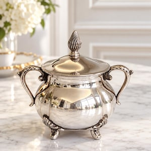 May include: A polished silver sugar bowl with a rounded body, two ornate curved handles, and a matching lid topped with a finial. The bowl features a fluted design and rests on three decorative feet, reflecting light on its metallic surface.
