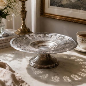 Vintage Viking Plate Silver Plated Pedestal Serving Tray, Made in Canada EP Copper, Ornate Pierced Cake Stand, Footed Display Tray