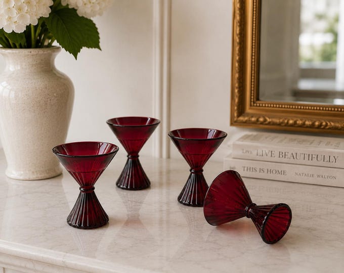 Vintage Ruby Red Cocktail Glasses Set of 6 Mid Century Art Glass Stemware Footed Cordial Glasses Aperitif Liqueur Barware Entertaining Set