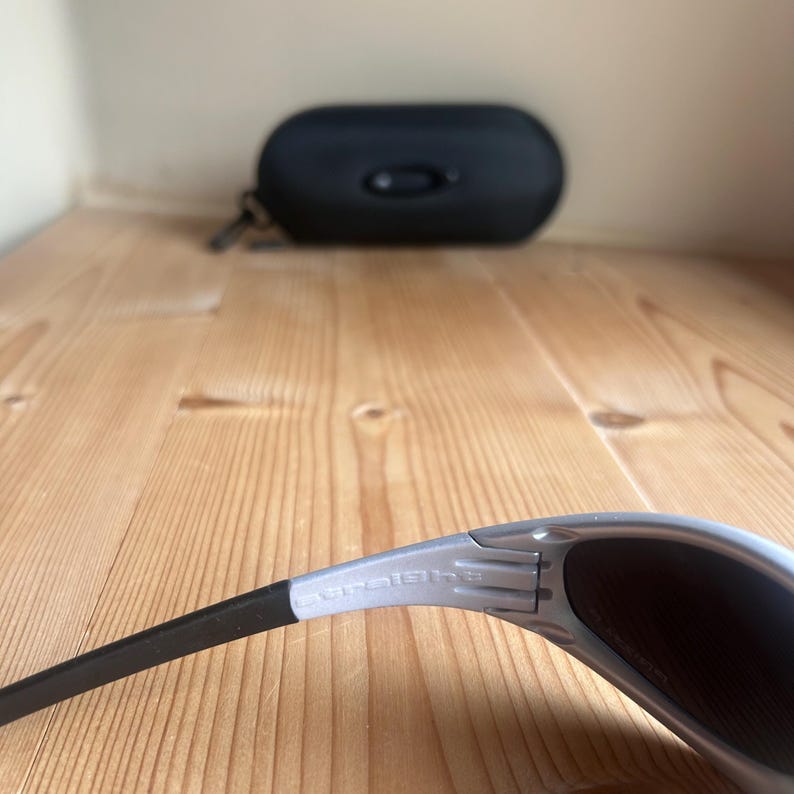 May include: Close-up of a pair of gray and black sunglasses with dark lenses. The sunglasses have a silver frame with the brand name printed on the side. A black case is in the background.
