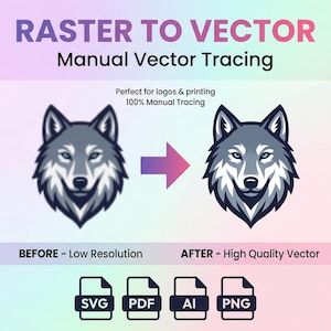 May include: An image promoting vector conversion services. The text reads "RASTER TO VECTOR" and "Manual Vector Tracing." It displays a wolf head graphic before and after vectorization, with file type icons for SVG, PDF, AI, and PNG. The text also says "Perfect for logos & printing 100% Manual Tracing."