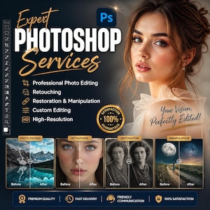 Pode incluir: Um anúncio de serviços Photoshop. A imagem apresenta uma mulher e o texto "Expert PHOTOSHOP Services", com exemplos de edição de fotos, retoque, restauração e manipulação. O texto "Your Vision, Perfectly Edited!" também está presente.