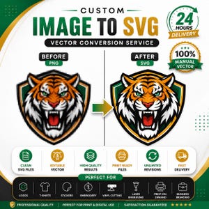 May include: A custom image to SVG vector conversion service graphic featuring a tiger head logo comparison. The left side shows a pixelated PNG tiger, and the right side shows a clean SVG vector tiger. Includes text labels and service icons.