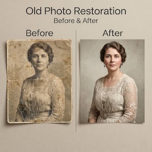 May include: Image demonstrating old photo restoration. The left shows a damaged, sepia-toned portrait. The right shows the restored image, a clear, colour portrait of a woman in a lace dress. Text reads "Old Photo Restoration Before & After".