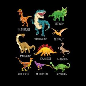 Peut inclure: Graphique noir avec neuf illustrations colorées de dinosaures, chacune étiquetée avec son nom : Deinonychus, Tyrannosaurus, Triceratops, Pterodactyl, Apatosaurus, Stegosaurus, Gallimimus, Velociraptor, Archaeopteryx et Mussaurus.