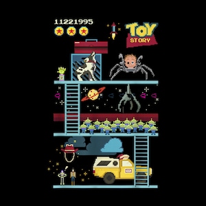 May include: Pixelated graphic featuring characters and elements from the movie "Toy Story." The design includes a yellow truck, aliens, a cowboy hat, and the Toy Story logo. The background is black with a retro video game aesthetic.