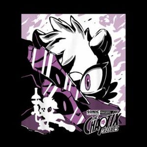 Puede incluir: Un diseño gráfico con personajes del universo de Sonic the Hedgehog. La imagen es principalmente en blanco, negro y morado, con el texto "SONIC PRESENTS THE CHAOTIX CASEFILES" en una fuente estilizada. El diseño incluye un primer plano de la cara de un personaje.