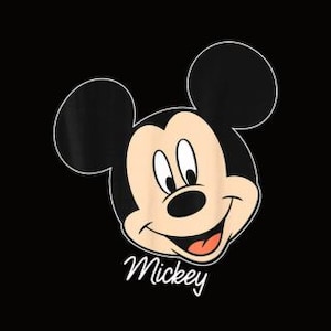 May include: A graphic of Mickey Mouse's face, featuring a black outline and large black ears. The face is beige with a smiling expression, a black nose, and a red tongue. The word "Mickey" is written in white script below the face, set against a black background.