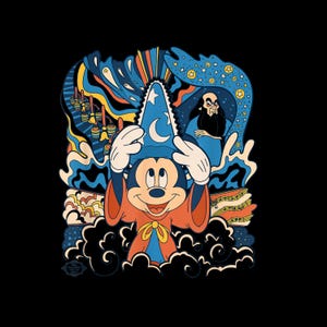 Peut inclure: Une impression graphique représentant Mickey Mouse portant un chapeau de magicien bleu avec un croissant de lune et des étoiles blancs, vêtu d'une robe rouge. Le fond inclut un sorcier, des balais animés, des notes de musique et des nuages tourbillonnants.