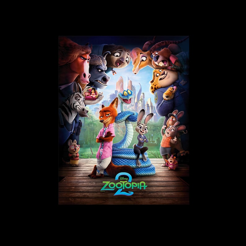 May include: A promotional poster for the animated film "Zootopia 2" featuring various anthropomorphic animal characters. The central figures include a fox in a pink shirt and a rabbit in a police uniform, with a blue snake. The title "Zootopia 2" is displayed at the bottom.