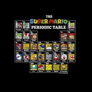 May include: A black t-shirt displaying "The Super Mario Periodic Table" with a grid of characters. The design includes Mario, Luigi, Peach, Bowser, and other characters from the Super Mario video game series.