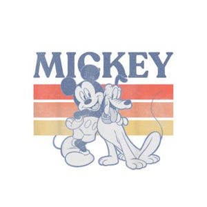 May include: A graphic featuring Mickey Mouse and Pluto standing together. The word "MICKEY" is above them in blue, with orange, red, and yellow stripes behind the characters. The image has a vintage, distressed look.