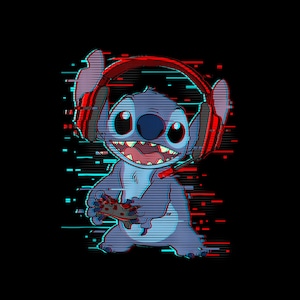 May include: A cartoon illustration of Stitch, wearing red headphones and holding a game controller. The image has a glitch effect with red and blue lines on a black background. Stitch is smiling with his mouth open.