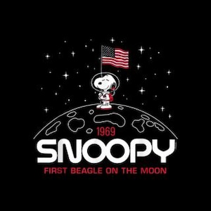 May include: A black graphic tee featuring Snoopy in a spacesuit standing on the moon with an American flag. The design includes the text "1969" above "SNOOPY" and "FIRST BEAGLE ON THE MOON" in red.