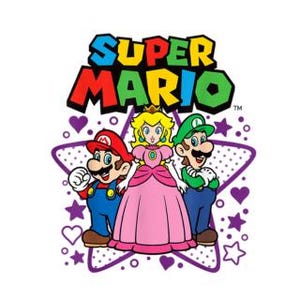 May include: A graphic featuring the Super Mario characters Mario, Princess Peach, and Luigi. Mario wears a red cap and overalls, Princess Peach a pink dress and crown, and Luigi a green cap and shirt. The words "SUPER MARIO" are above them in colorful letters, with a purple star and hearts.