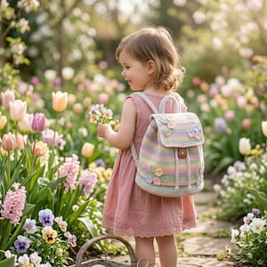 May include: A young child wearing a pink dress and a pastel rainbow-striped backpack with floral embellishments, standing in a garden filled with colorful tulips and flowers. The backpack has a wooden button closure.