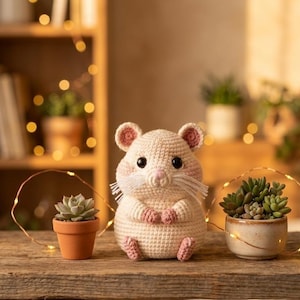 Puede incluir: Una figura de hámster de ganchillo en tonos crema y rosa se encuentra sobre una superficie de madera. El peluche hecho a mano tiene ojos negros, orejas rosas y bigotes. Pequeñas suculentas en macetas flanquean al hámster, con luces de hadas en el fondo.