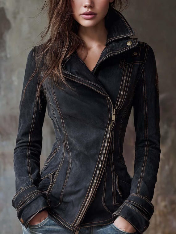 Vintage Washed Denim Moto Jacket Women, Charcoal Black Asymmetric Zip Biker Jacket