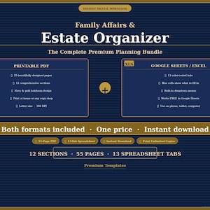 Puede incluir: Gráfico de descarga digital con el texto "Family Affairs & Estate Organizer". El diseño incluye secciones para formatos PDF imprimibles y Google Sheets/Excel. Incluye 55 páginas, 12 secciones y 13 pestañas de hoja de cálculo. La combinación de colores es azul marino y dorado.