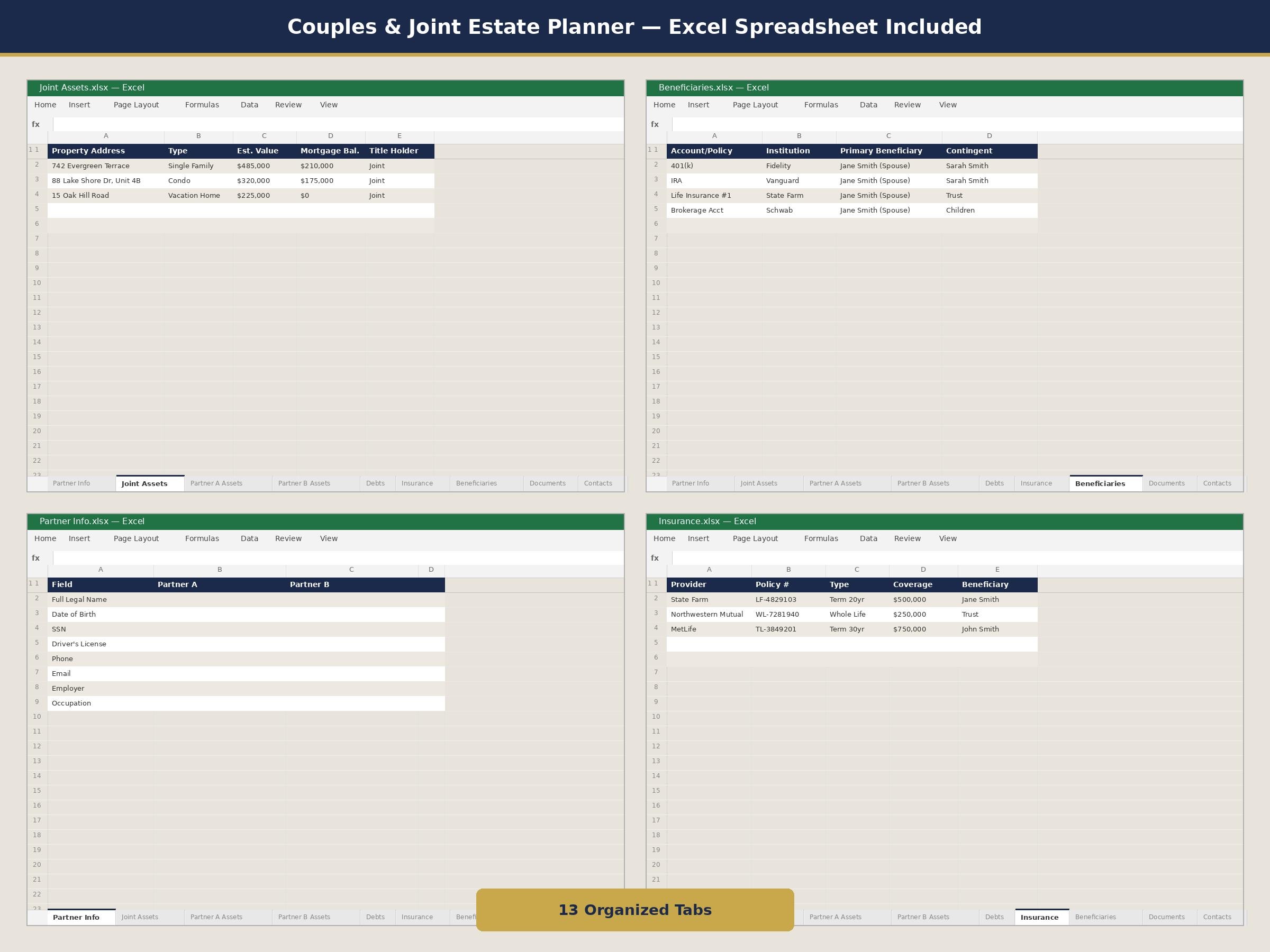 Planificador de patrimonio para parejas/matrimonios (PDF y Excel)