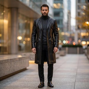 May include: A long, black leather coat with a textured design. The coat is worn over a grey turtleneck and black trousers. The person is wearing black leather boots. The background is a city street with buildings.