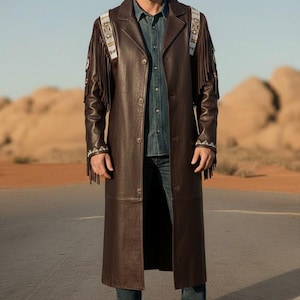 Handmade Men's Native American Western Cowboy Fringe Duster Cowhide Leather Long Coat