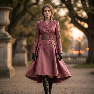 Rosa Leder Trenchcoat Frauen, Lange Flare Mantel mit Gürtel, Elegante Gothic Oberbekleidung, Vintage Style Winterjacke, Slim Fit Statement Mantel