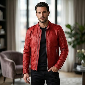 Men's Red Python Biker Jacket – Textured Leather Moto Coat, Modern Luxury Exotic Fashion Jacket, Black Textured Outerwear