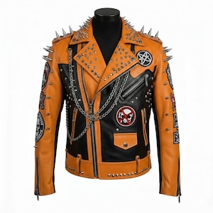 Schwarz Orange Nieten Lederjacke für Herren - Punk Rock Biker Moto Jacke mit Spikes, Ketten & Patches, Gothic Streetwear Oberbekleidung