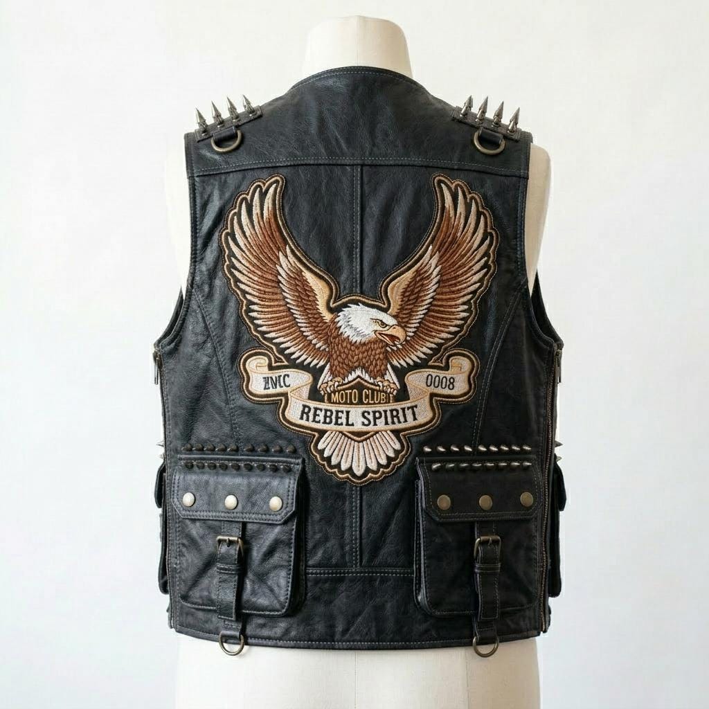 Men’s Distressed Black Leather Biker Vest, Studded & Spiked Moto ...