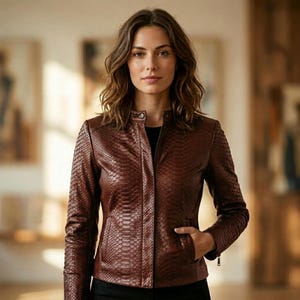 Women’s Brown Snakeskin Leather Jacket – Python Moto Coat, Premium Luxury Exotic Textured Biker Jacket