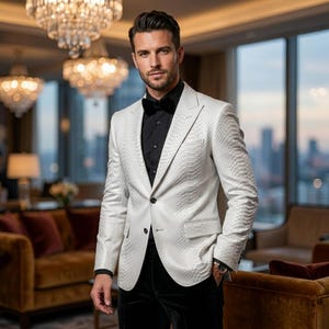 Könnte beinhalten: Ein weißer, strukturierter Blazer mit schwarzem Hemd und Fliege. Der Blazer hat ein dezentes Muster und wird mit einer schwarzen Samthose kombiniert. Eine Uhr vervollständigt das Outfit.