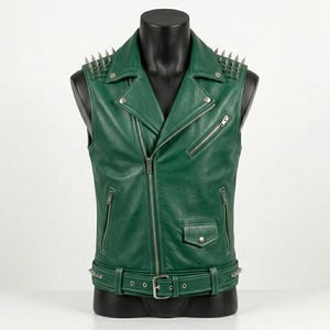 Men’s Green Leather Biker Vest with Skull Patch, Studded Shoulder Moto Waistcoat, Punk Rock Gothic Motorcycle Vest, Brando Style Streetwear