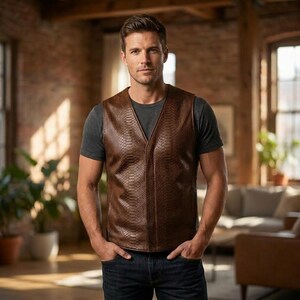 Men’s Brown Snake Leather Vest – Python Textured Motorcycle Waistcoat, Premium Luxury Biker Leather Vest