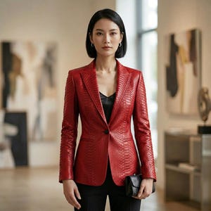 Puede incluir: Una blazer roja con textura de piel de serpiente, cierre de un botón y solapas con muescas. La blazer se combina con un top negro y pantalones negros. Se sostiene un pequeño clutch negro.